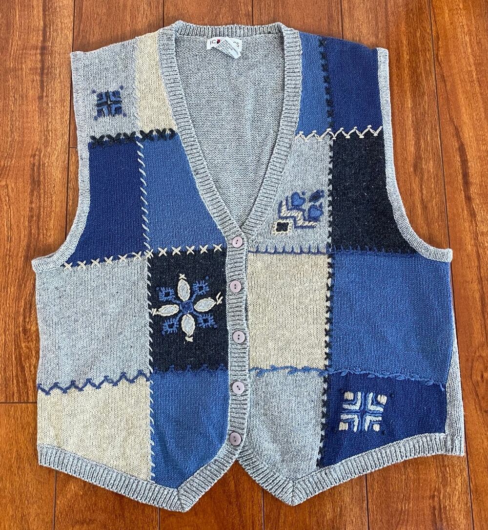 VTG 90s Women I.C. Isaacs snowflake winter knit cotton patchwork sweater vest L